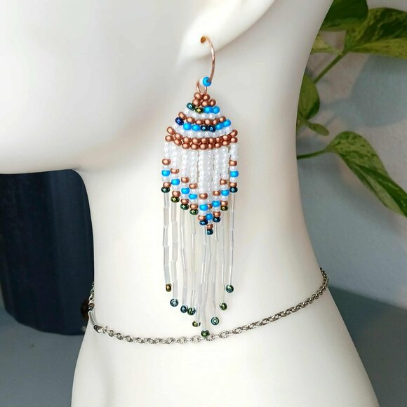 Boho Chic Seed Bead Dangle Earrings, Copper Jewelry, Statement Artisan 4" - Picture 1 of 7